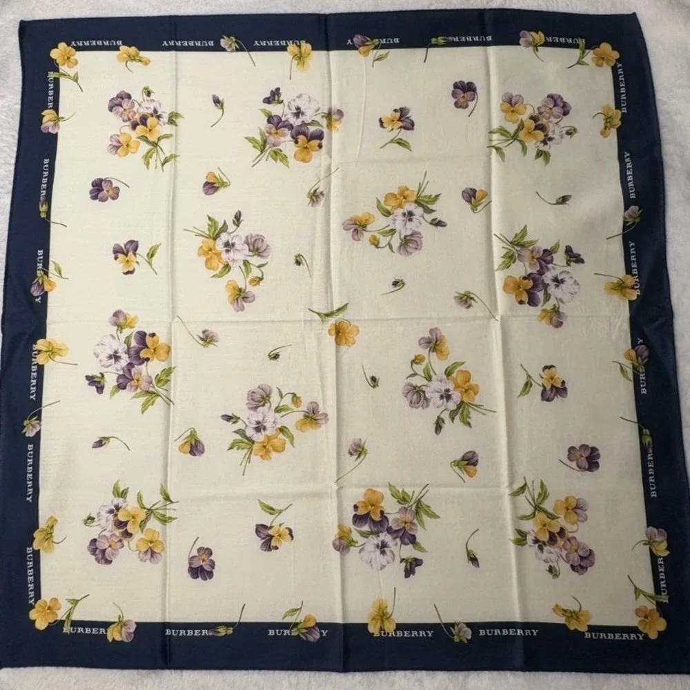 Vtg BURBERRY Scarf Handkerchief Pansy Floral Navy Blue Cream 19.5